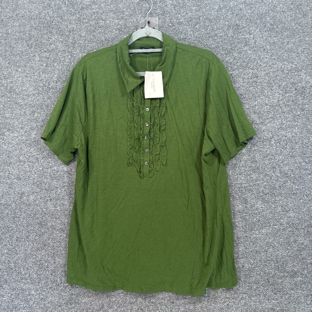 Talbots Blouse Womens 1X Green Ruffle Front Short Sleeve Cotton Modal Knit NEW